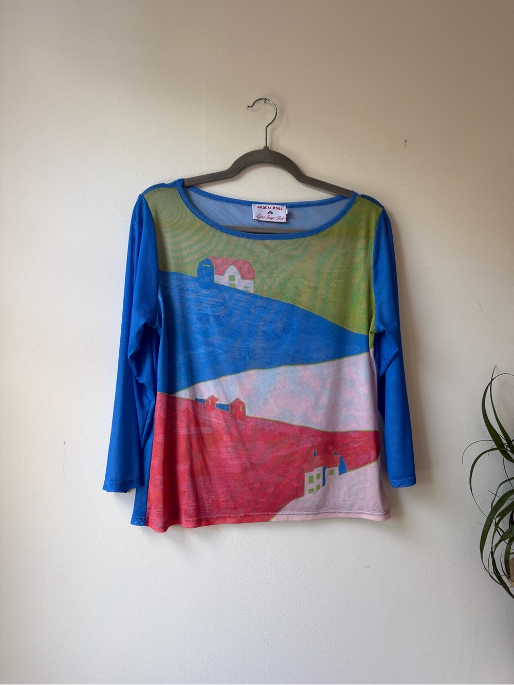 Arden Rose Lisa Says Gah! Long sleeve mesh top boat neck Blue Red Green Paint